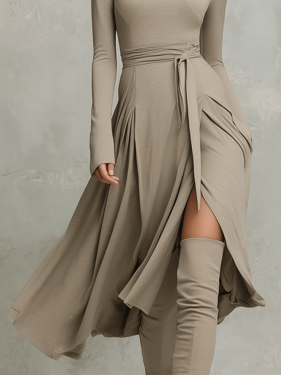 Ximena elegant figure-flattering long dress in beige for women
