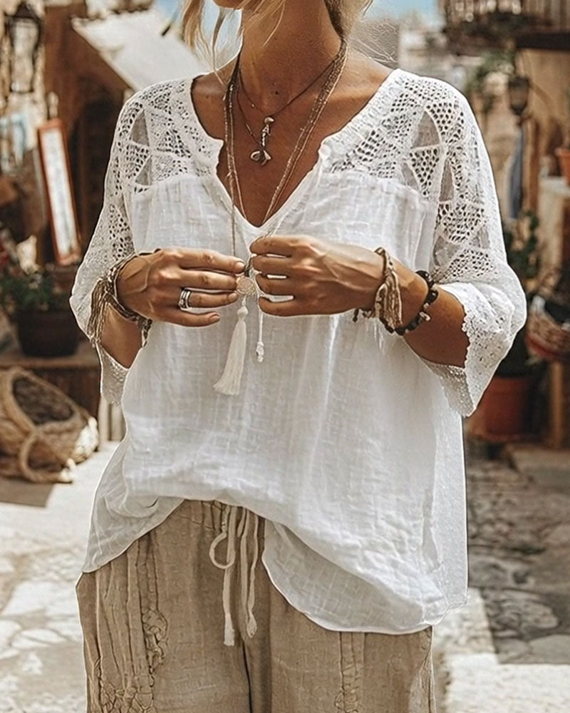 Cynthia v-neck blouse with lace detail, shown in white, blue and pink