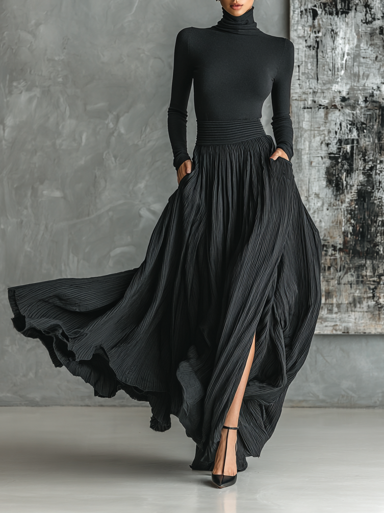 Wren all-black skinny fit dress shown on model, front view