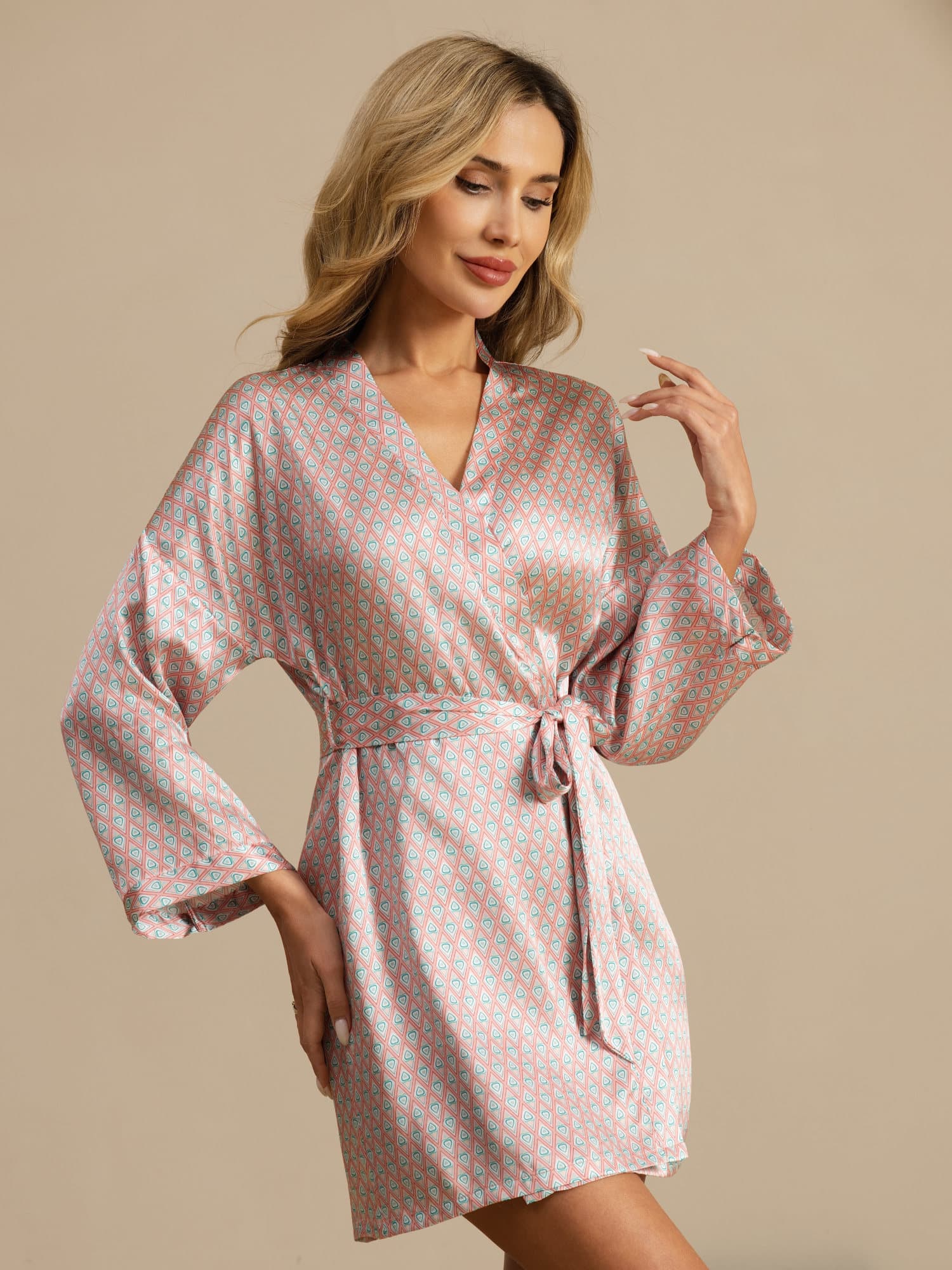 Luna short silk nightgown in heart geo print, soft mulberry silk sleepwear
