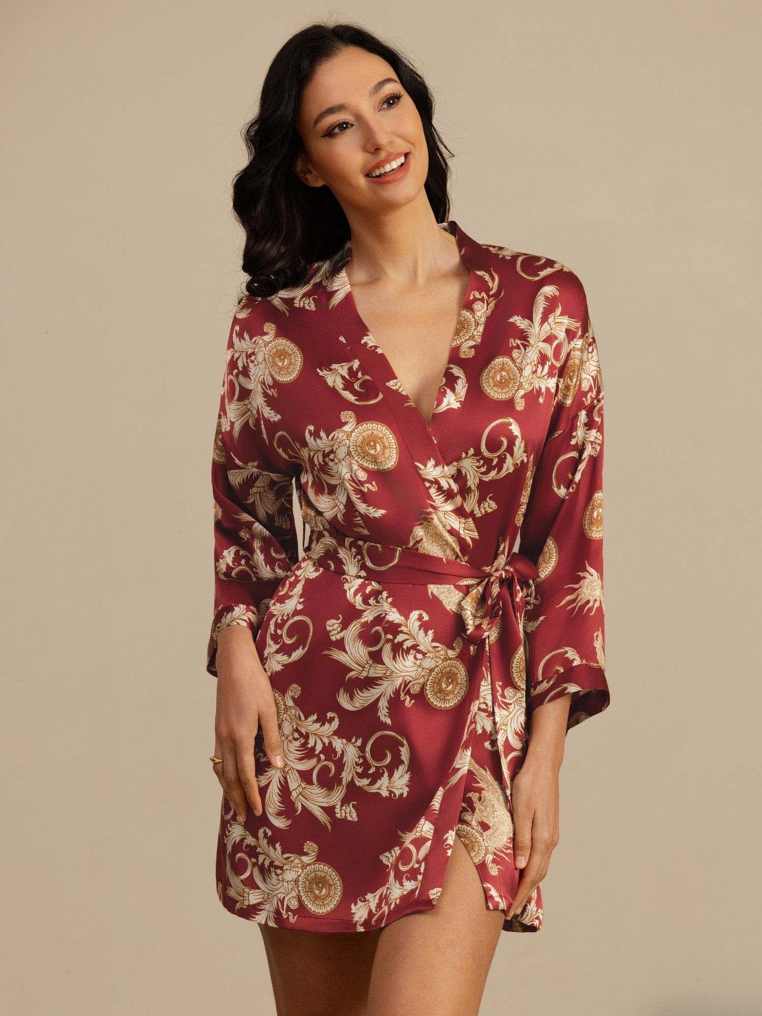 Linda pure mulberry silk kimono robe with dragon print in black, wine and navy