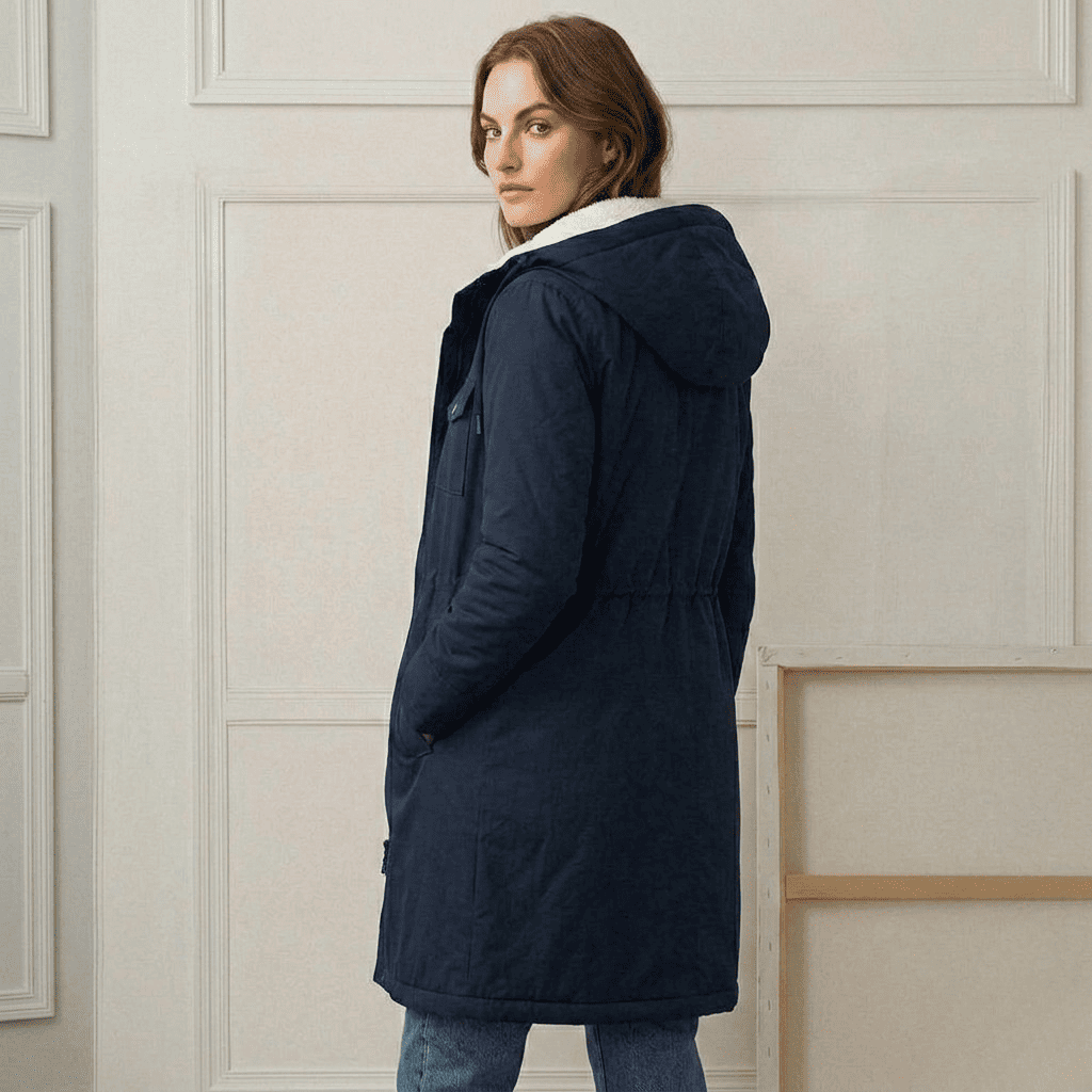 Amélie waterproof fleece-lined long parka with tapered waist, shown in multiple colours