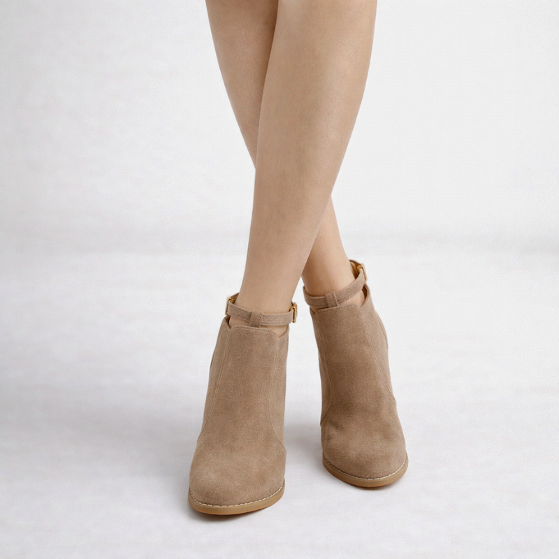 Vikky suede block heels with ankle strap and gold-tone buckle in beige and black