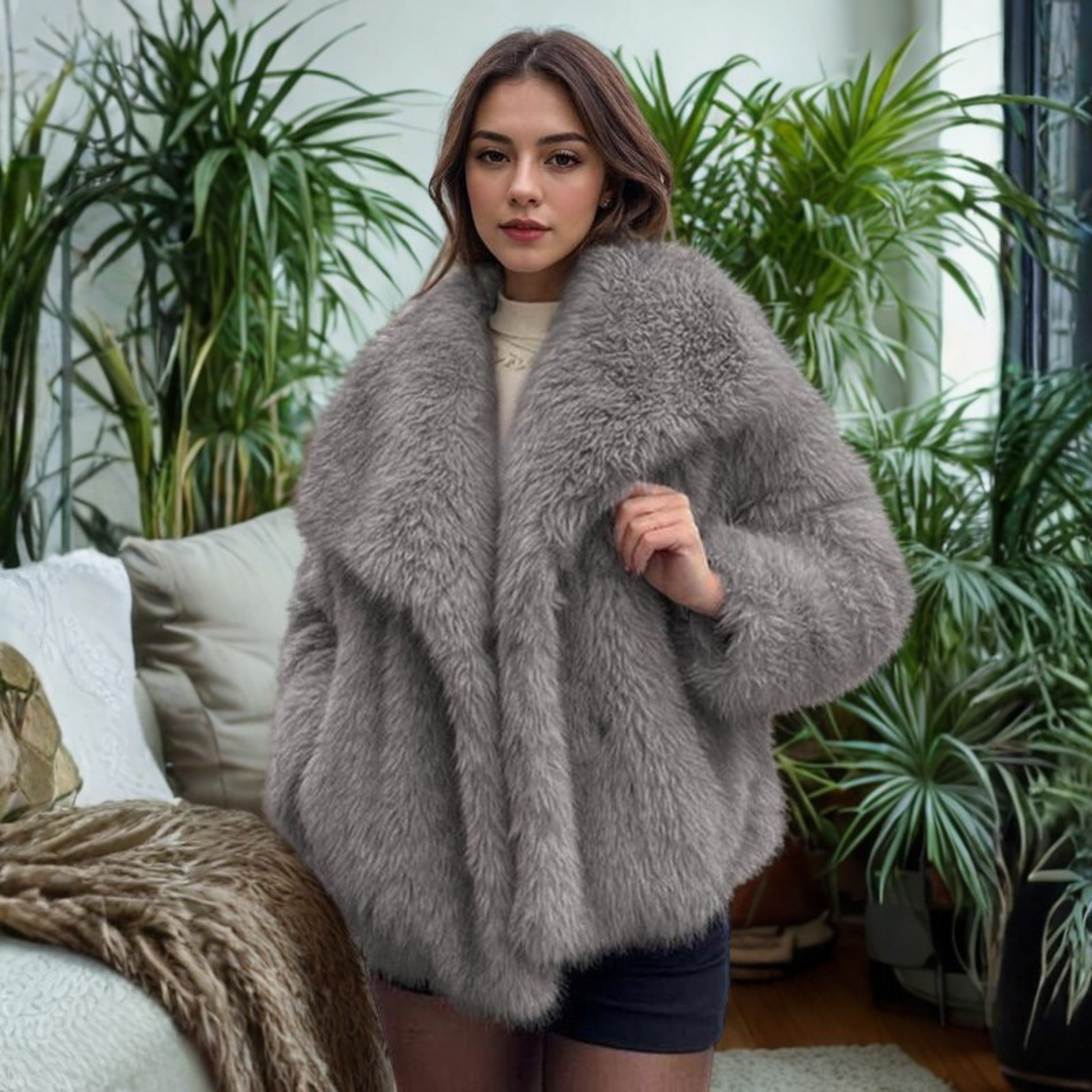Corrine fuzzy collar coat shown in a tailored cut, available in multiple colours