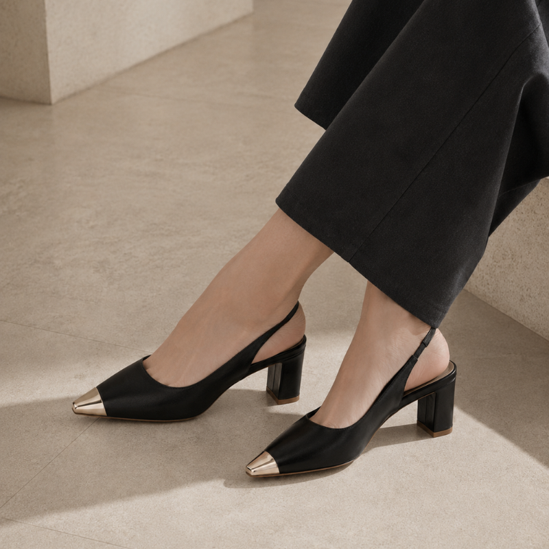 Square toe slingback heels with flared heel and elasticated back strap in white, beige and black