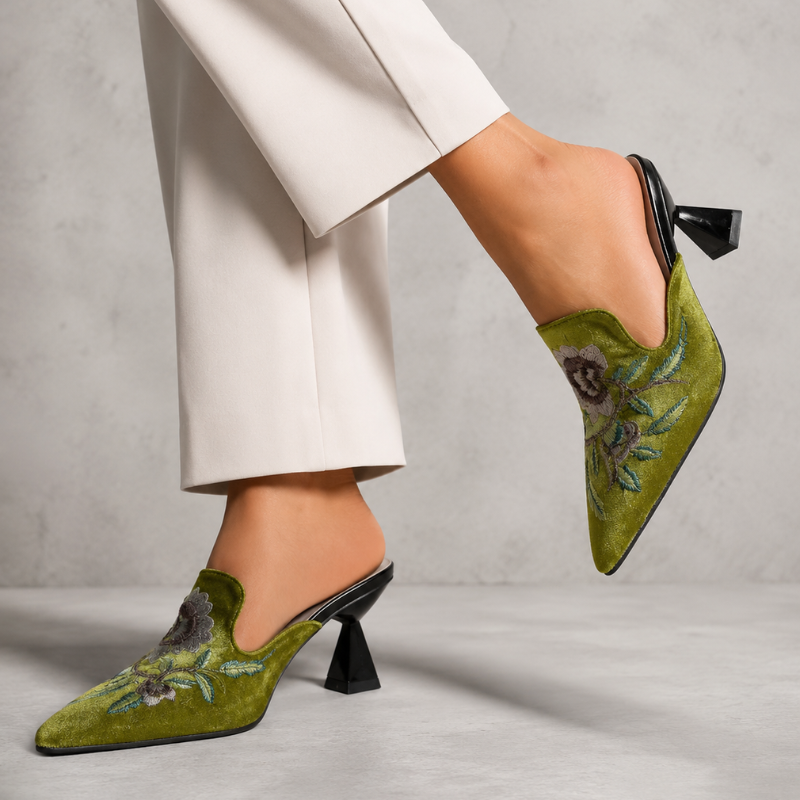 Embroidered velvet pointed-toe mules with floral detail and low flared heel