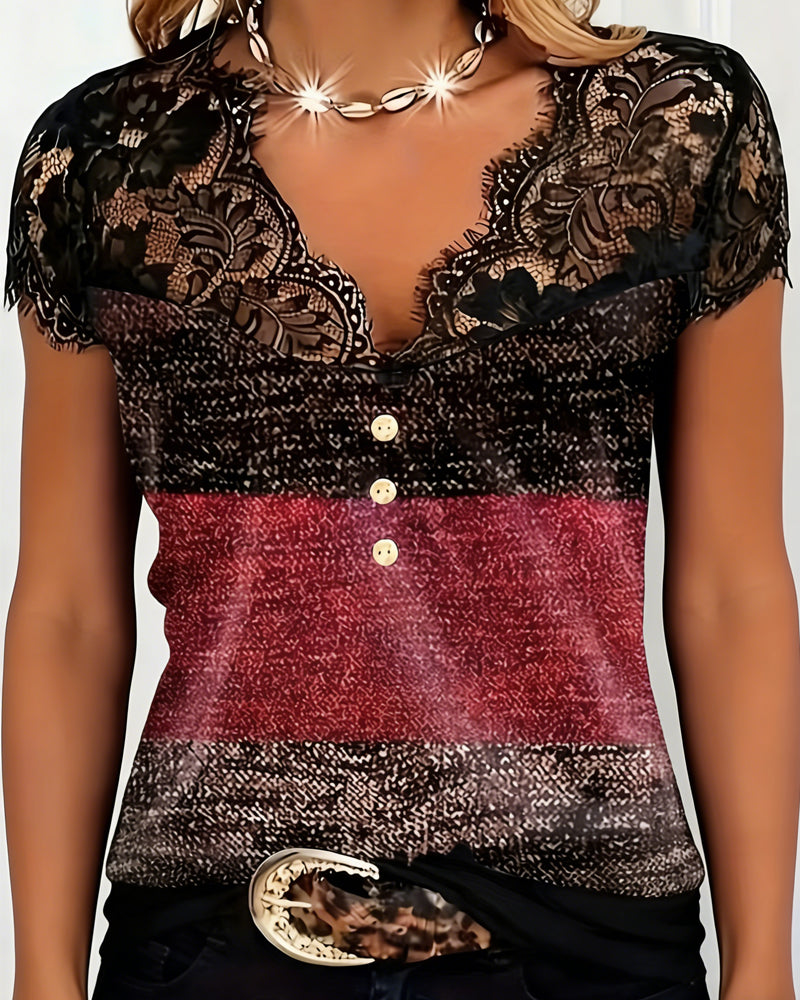 Sharon V-neck tee with lace patchwork, shown in red, blue and green