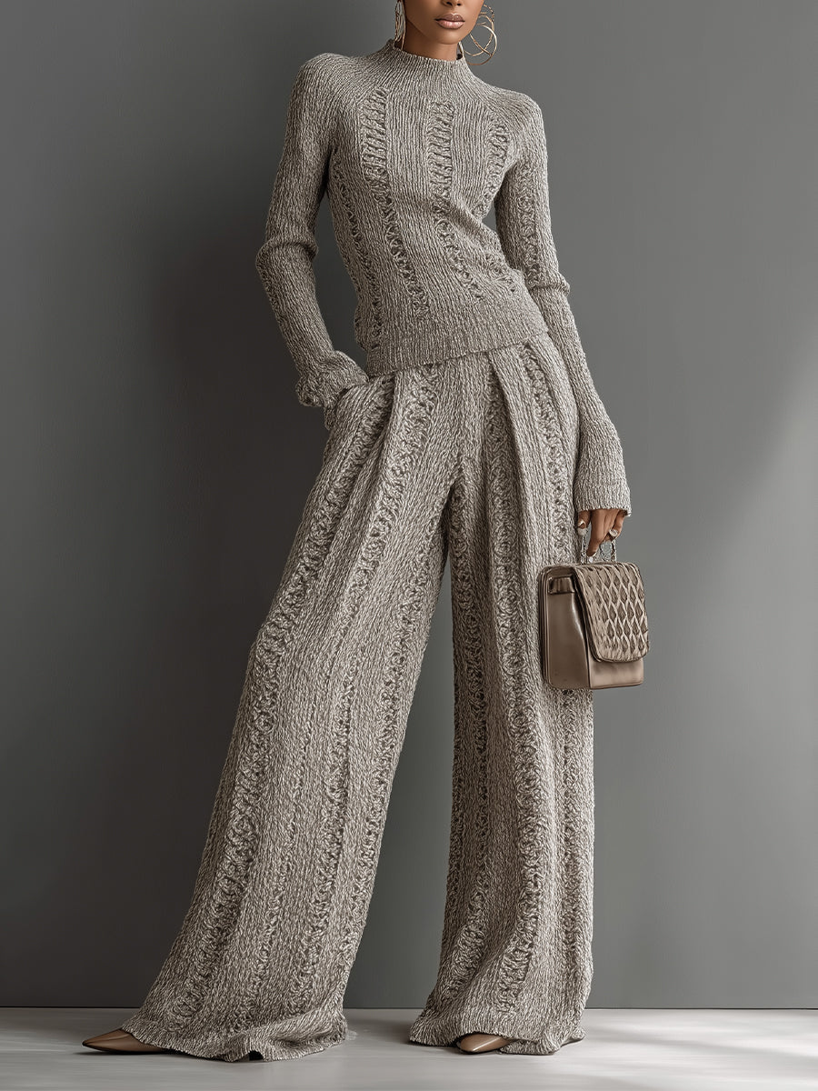 Yvonne taupe textured knit co-ord set styled as a matching two-piece