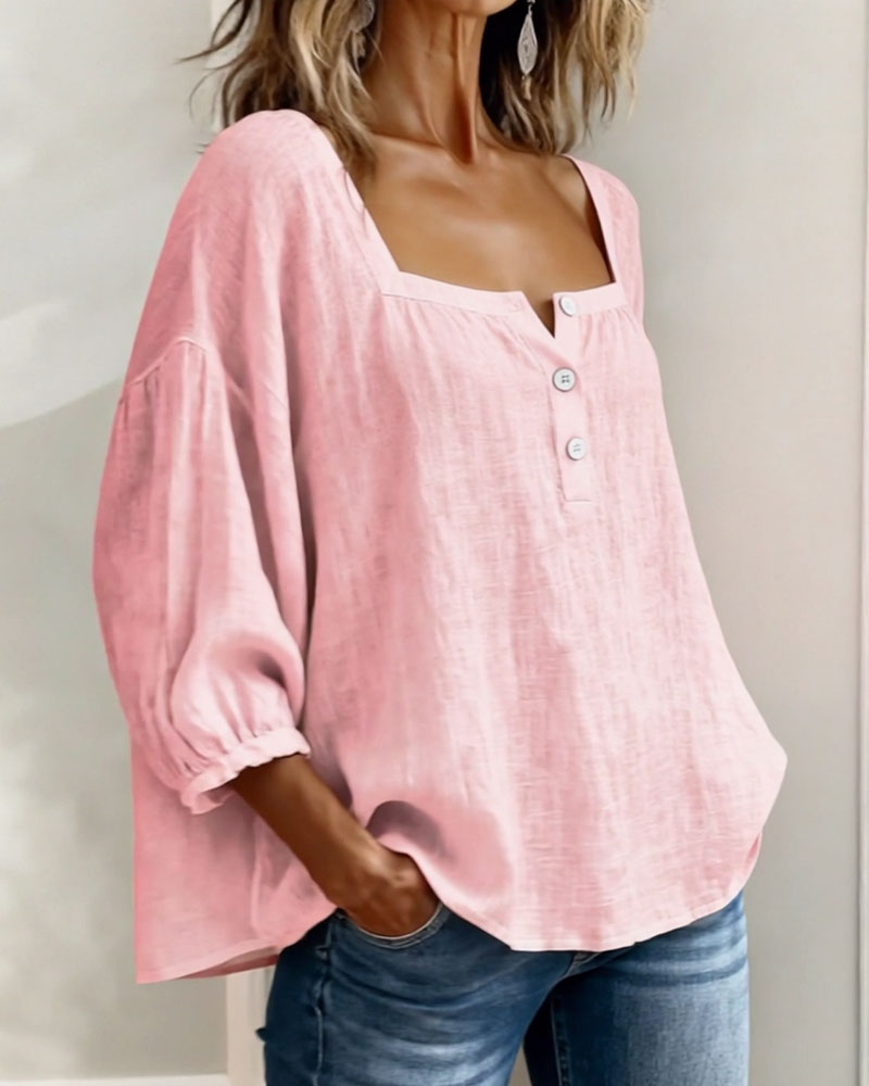 Diane square neck lantern sleeve shirt shown in soft everyday colours