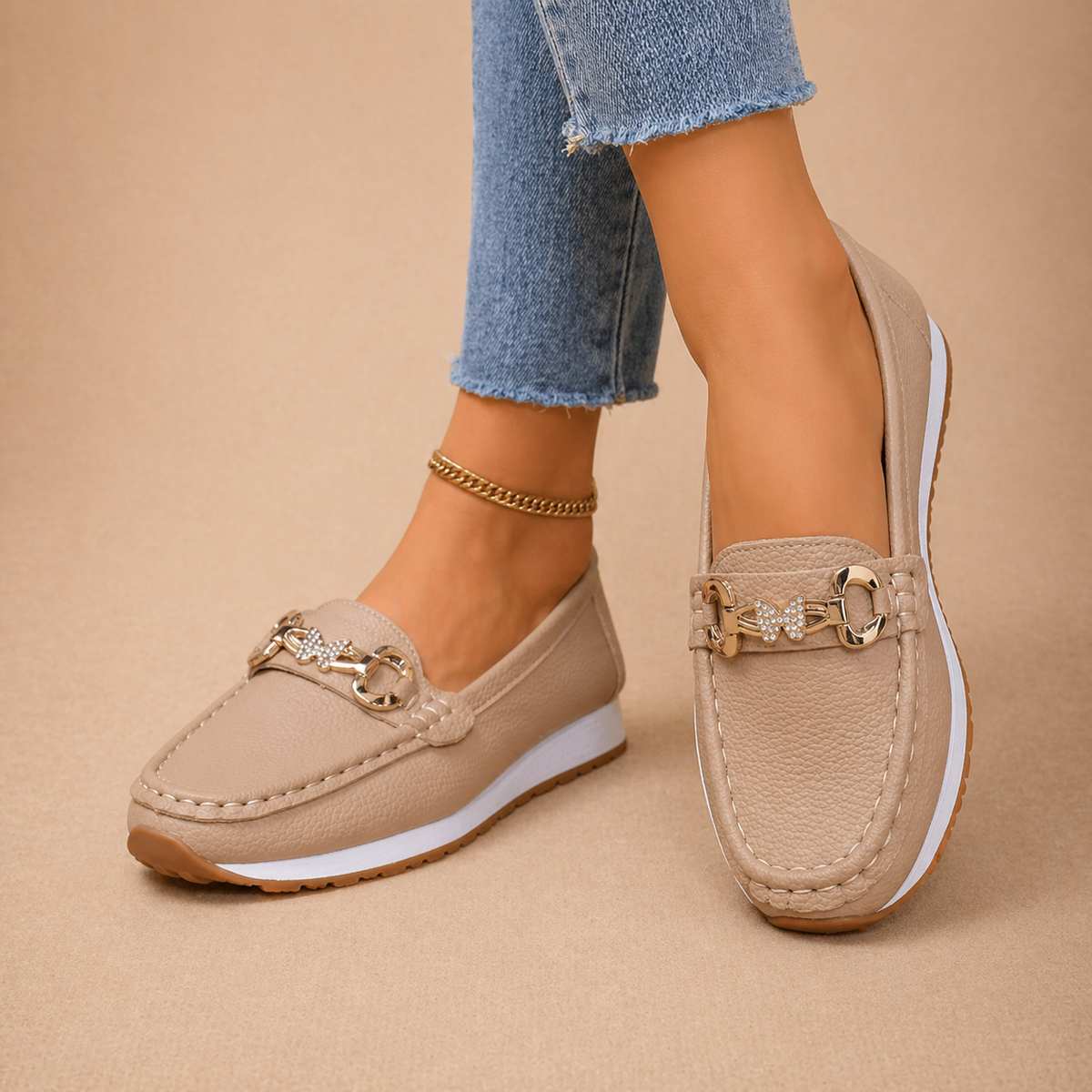 Hannah buckle loafers shown in black, beige and white