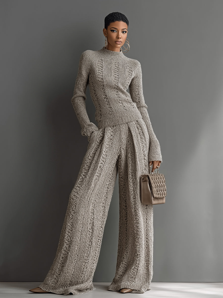 Yvonne taupe textured knit co-ord set styled as a matching two-piece