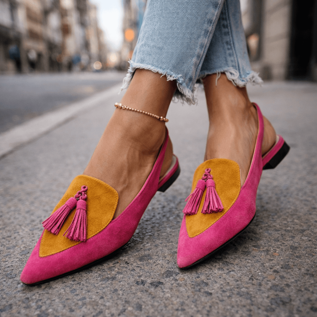 Handmade flat sandals with straps, tassels and suede-effect finish in a vibrant colour combination
