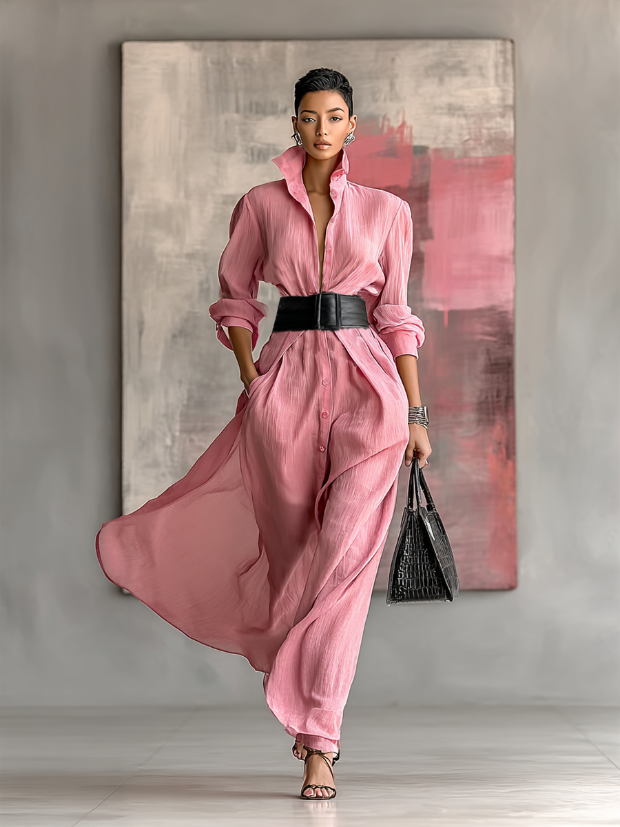 Tilda pink solid colour long dress with a lapel detail and flattering silhouette