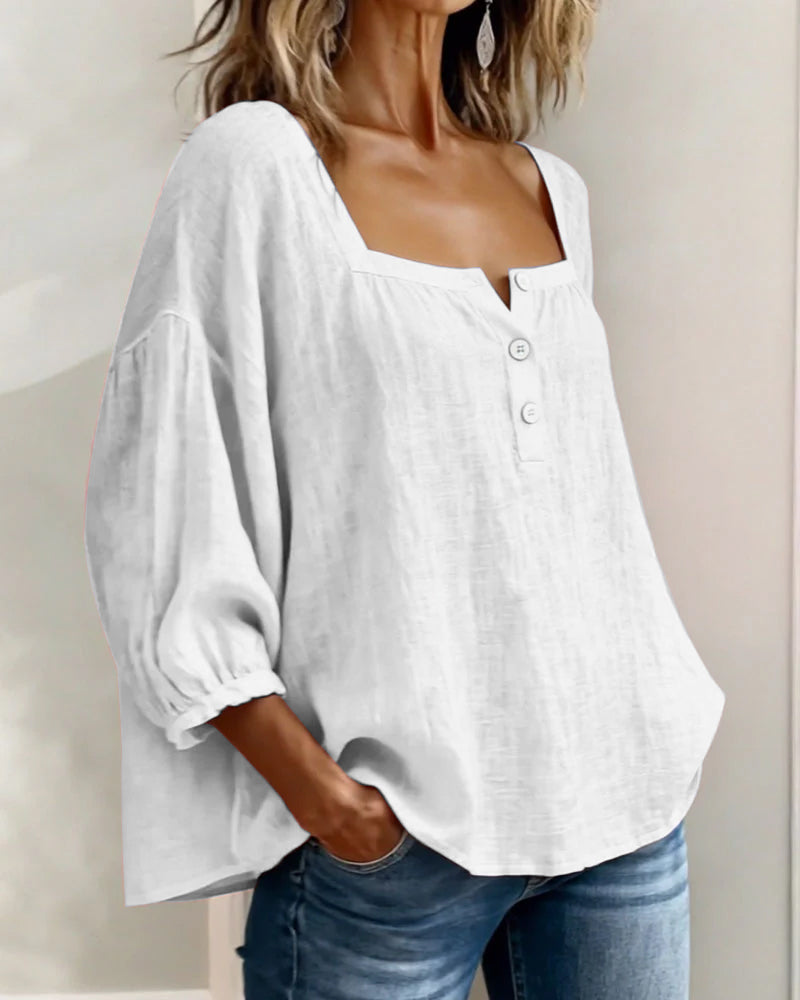 Diane square neck lantern sleeve shirt shown in soft everyday colours