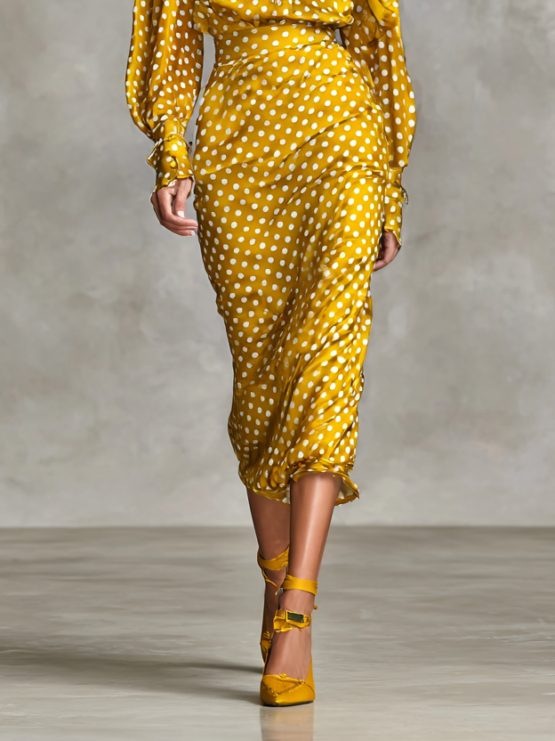 Vivienne vintage-style yellow satin polka dot dress with a flattering silhouette