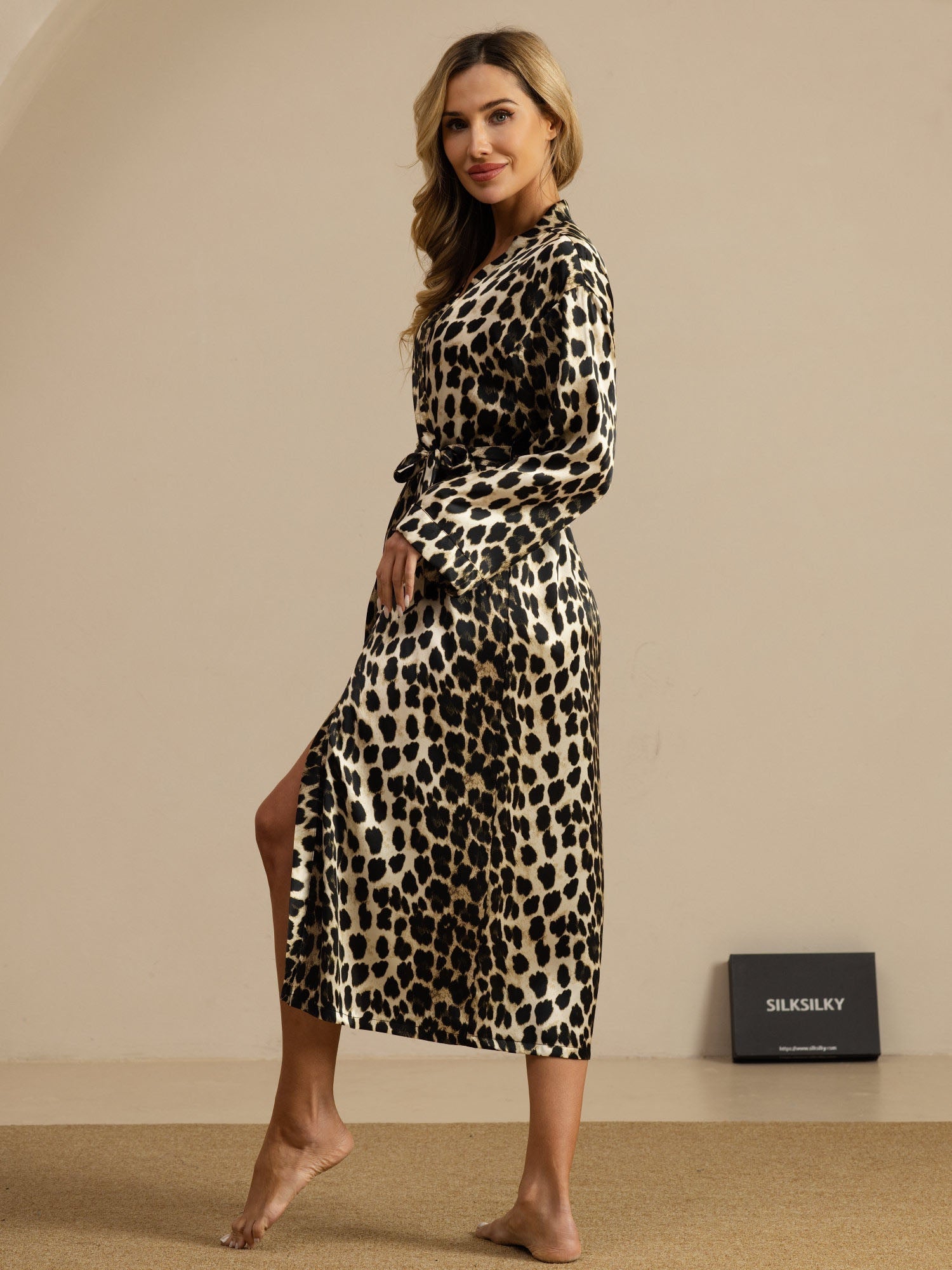 Maggie sheer mulberry silk dressing gown in leopard print with a soft, fluid drape