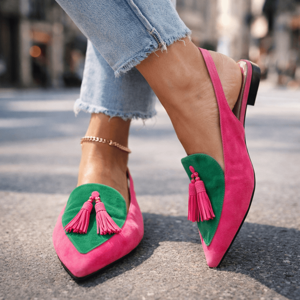 Handmade flat sandals with straps, tassels and suede-effect finish in a vibrant colour combination