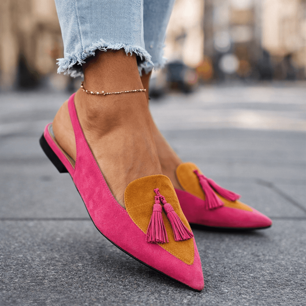 Handmade flat sandals with straps, tassels and suede-effect finish in a vibrant colour combination