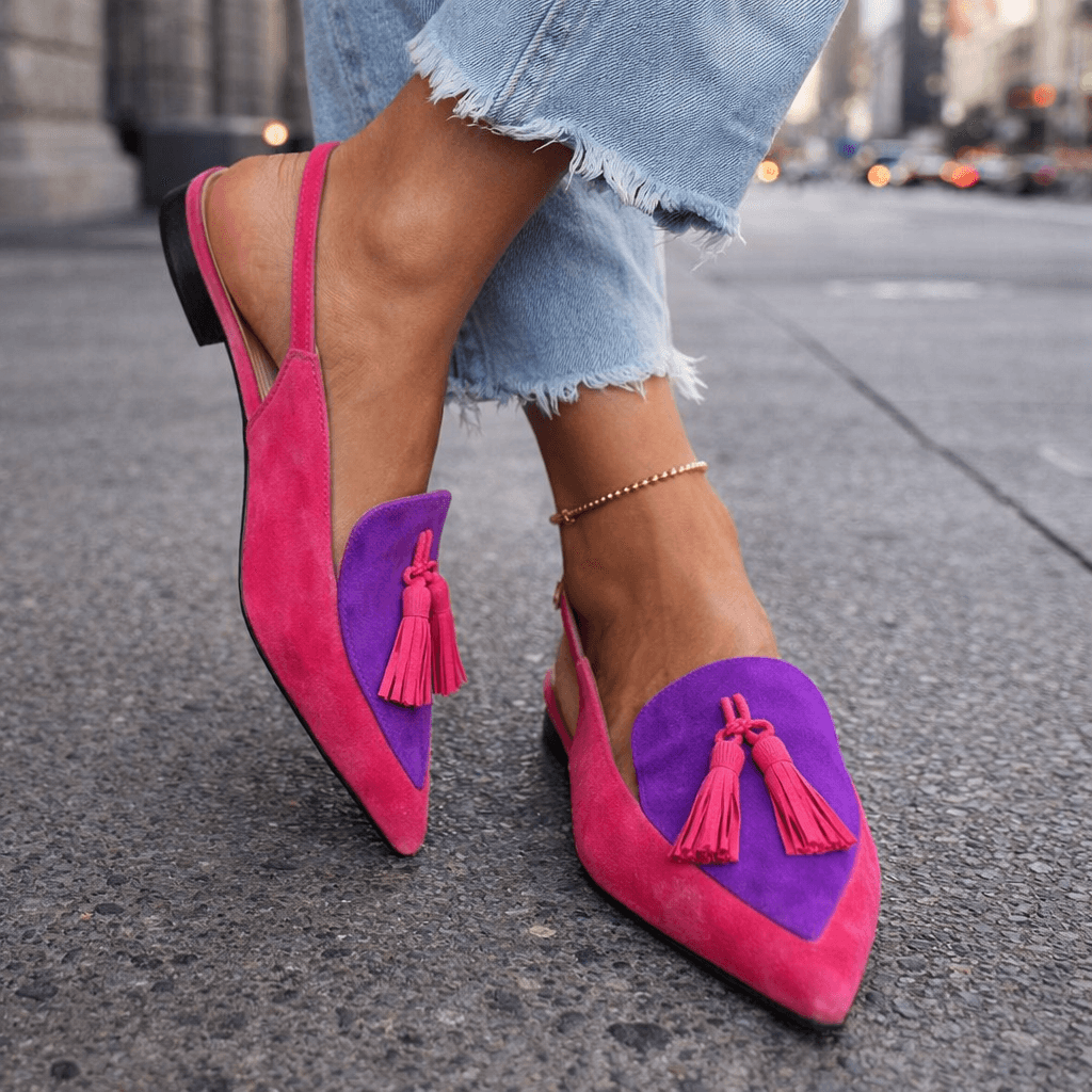 Handmade flat sandals with straps, tassels and suede-effect finish in a vibrant colour combination