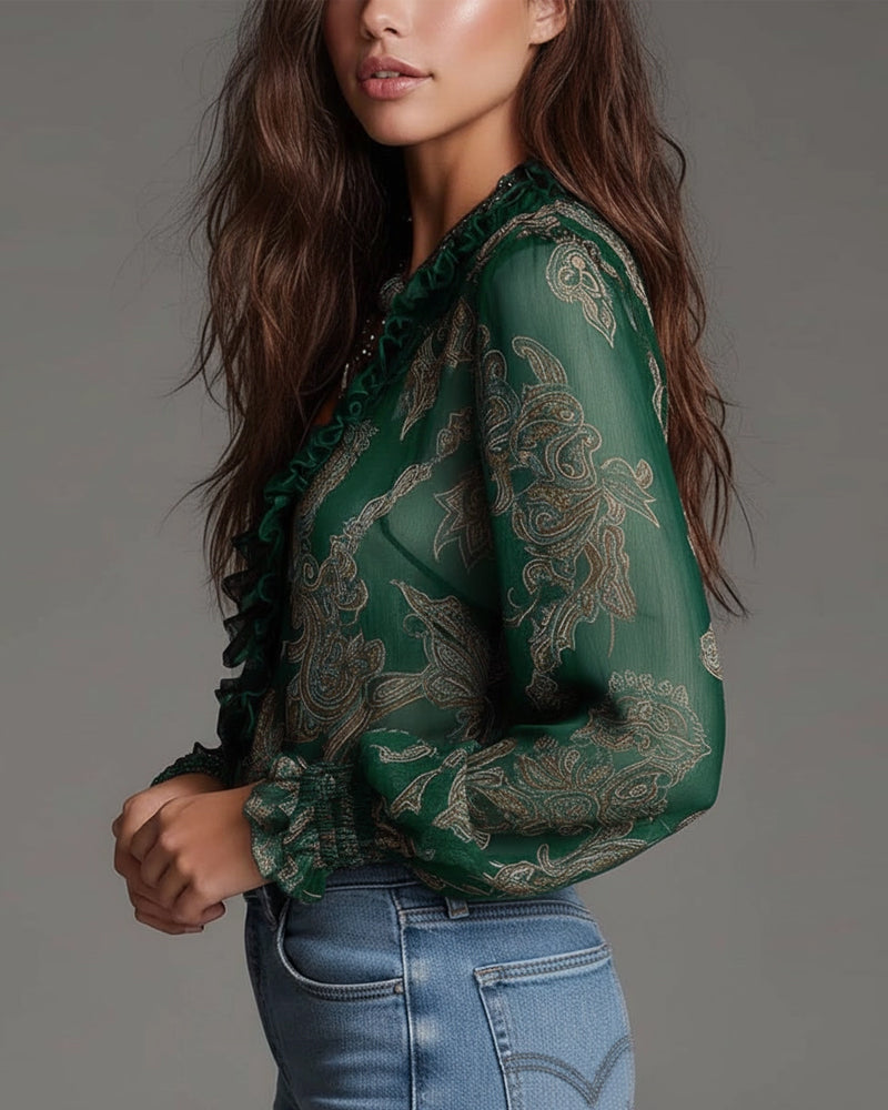 Demi zip-front ruffled retro blouse shown in navy blue, burgundy, black, green and blue