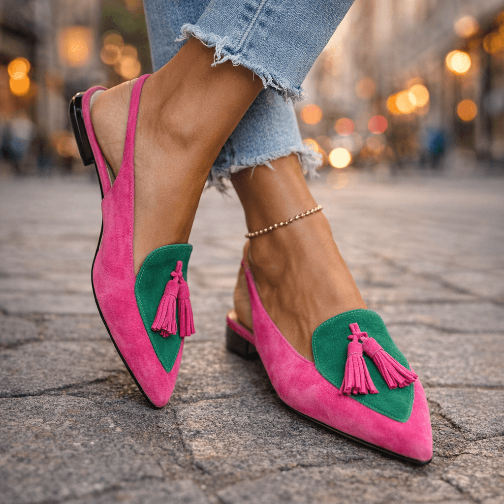 Handmade flat sandals with straps, tassels and suede-effect finish in a vibrant colour combination