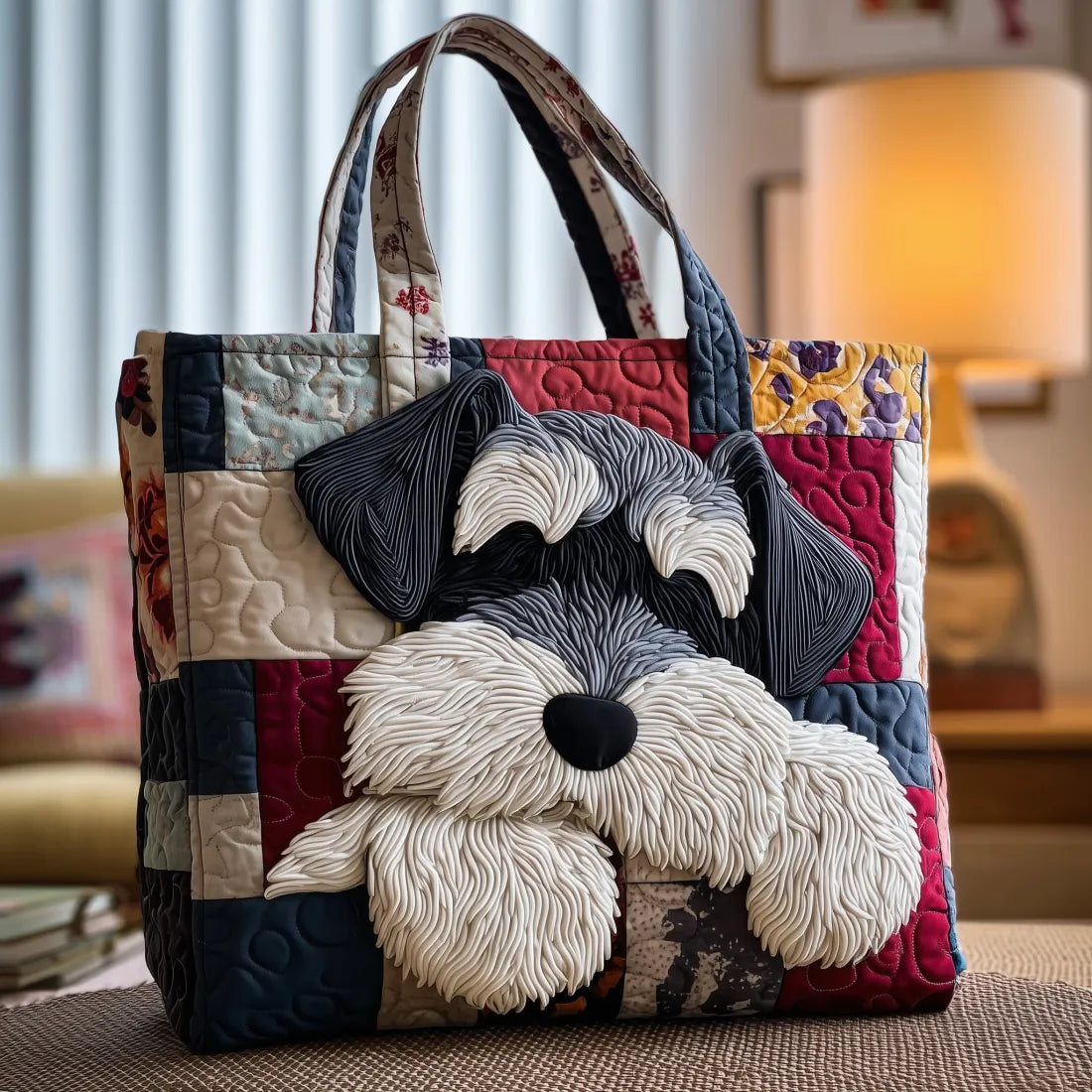 Artisanal handmade Schnauzer bag with playful dog design, shown in two sizes
