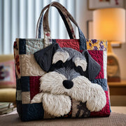Artisanal handmade Schnauzer bag with playful dog design, shown in two sizes