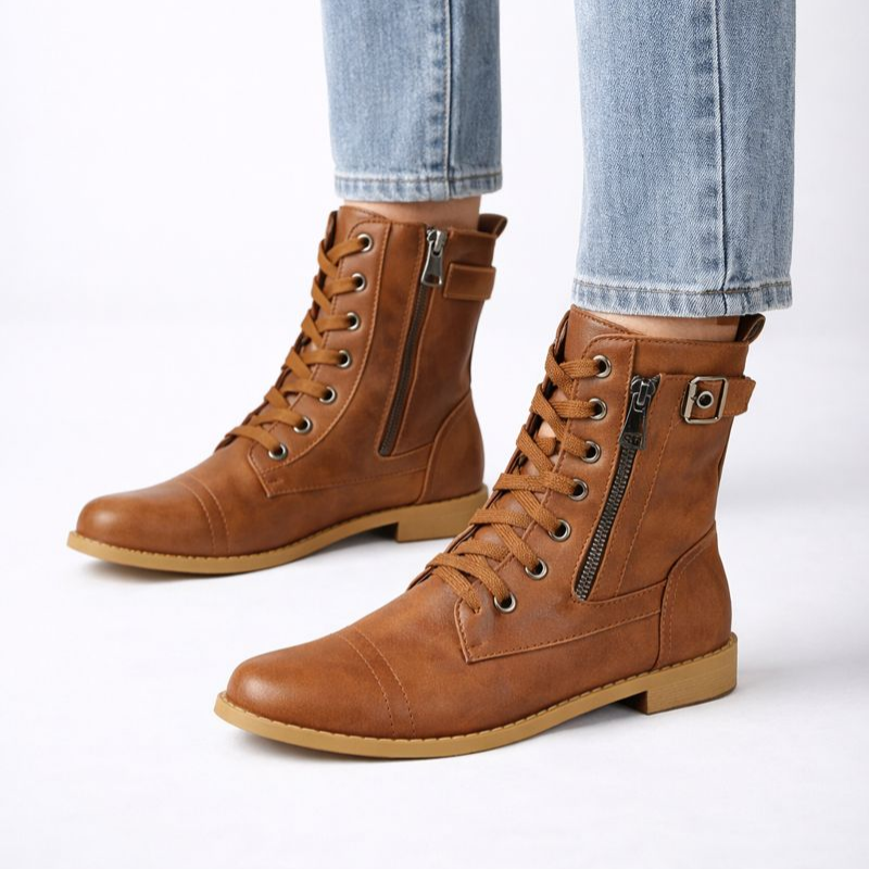 Eco-leather lace-up boots with buckle detail, side zip and a low heel