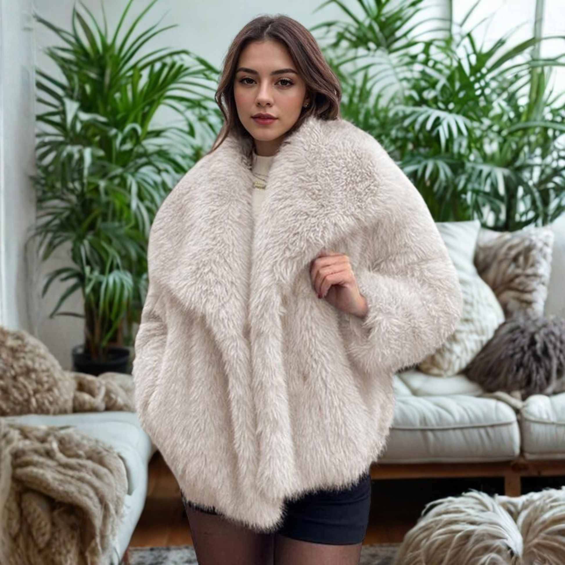 Corrine fuzzy collar coat shown in a tailored cut, available in multiple colours