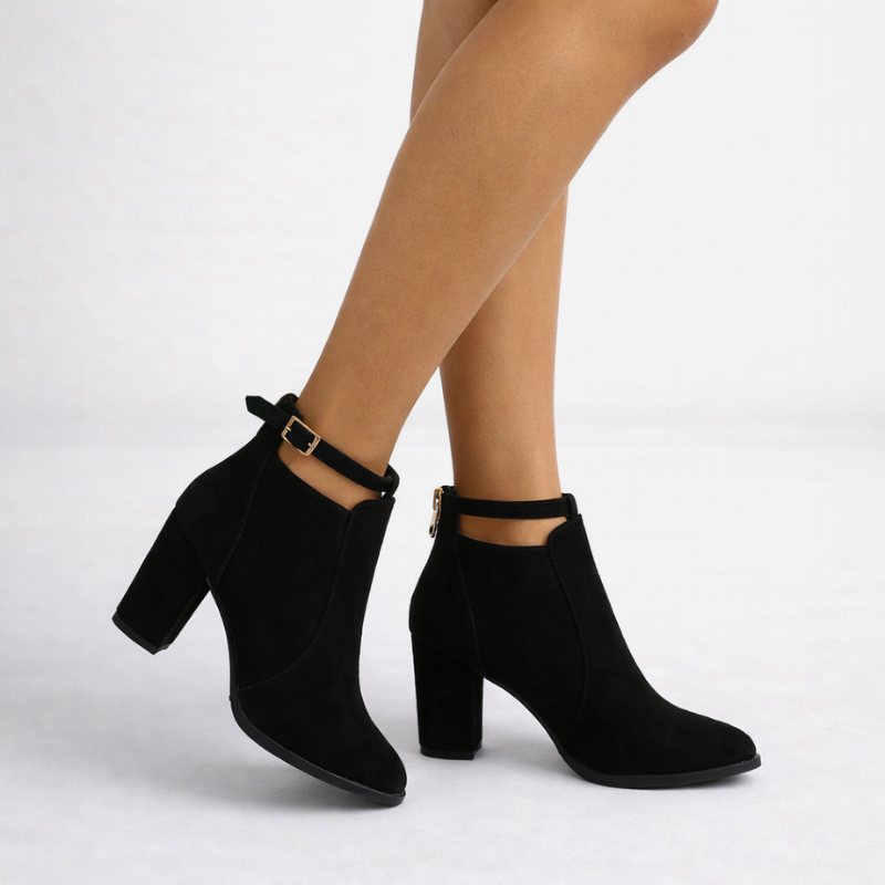 Vikky suede block heels with ankle strap and gold-tone buckle in beige and black