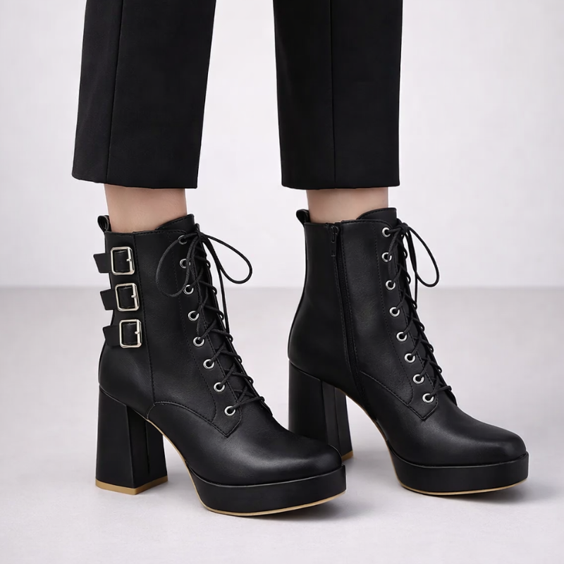 Elvira chunky heel lace-up boots in eco leather with buckle detail and side zipper