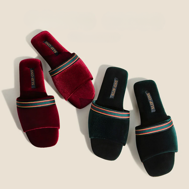 Velvety open-toe slippers with ribbon detailing in red, green and brown