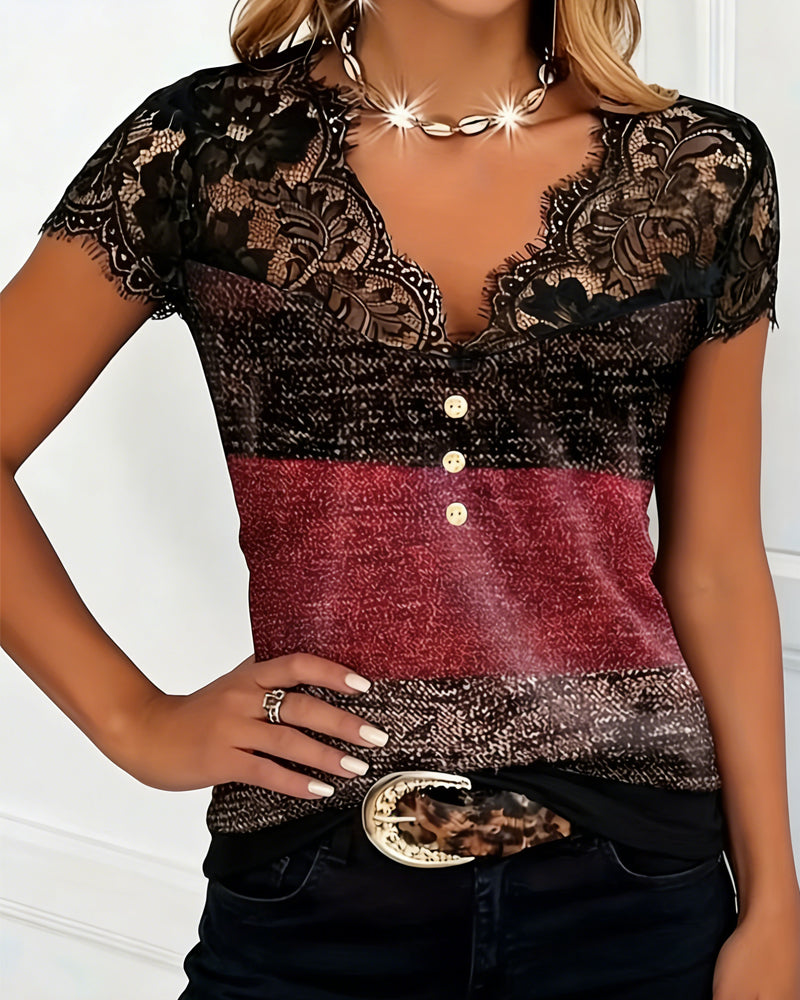 Sharon V-neck tee with lace patchwork, shown in red, blue and green