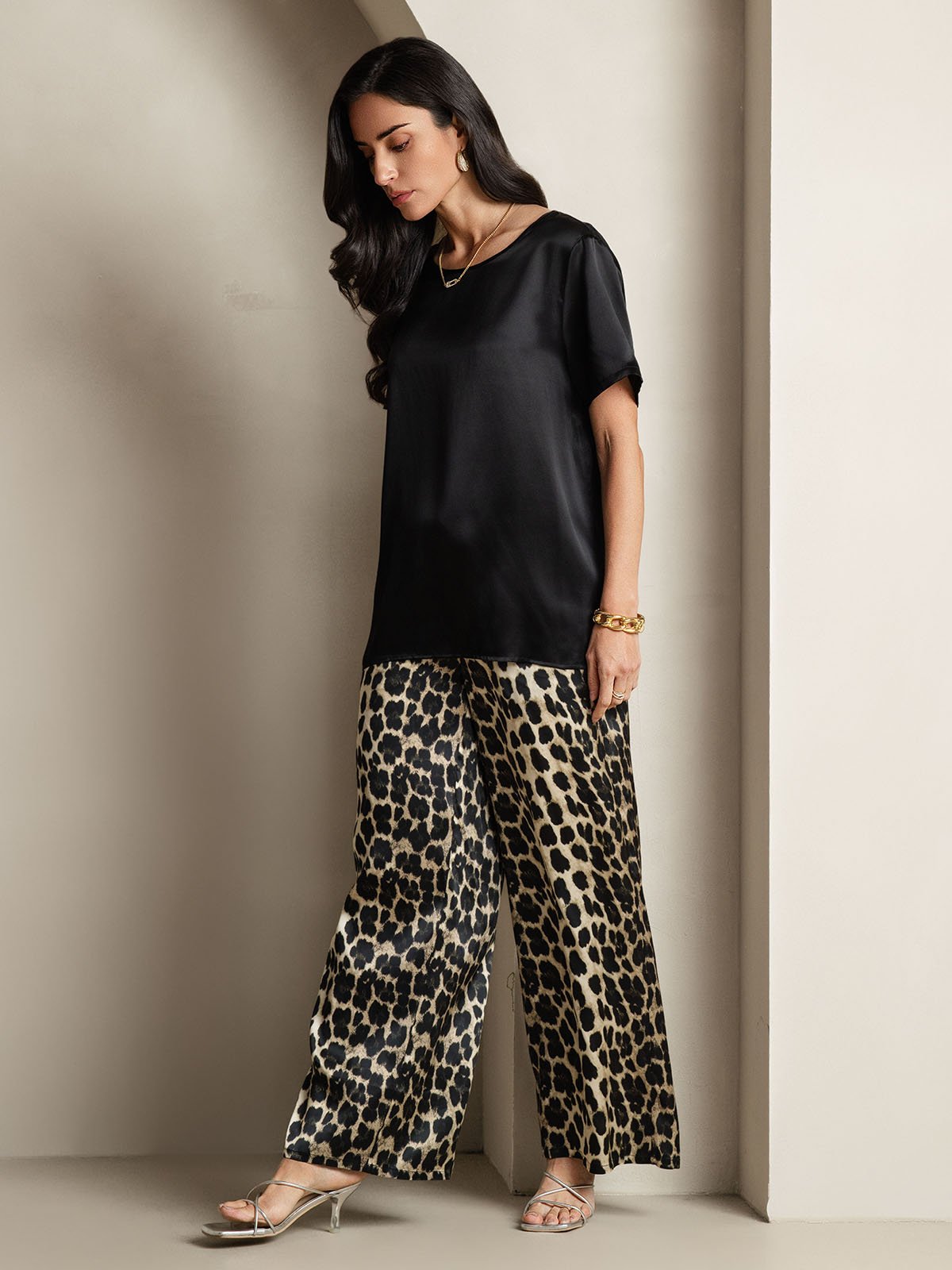 Lydia pure mulberry silk pyjama set in multi, a coordinated top and bottom sleepwear set