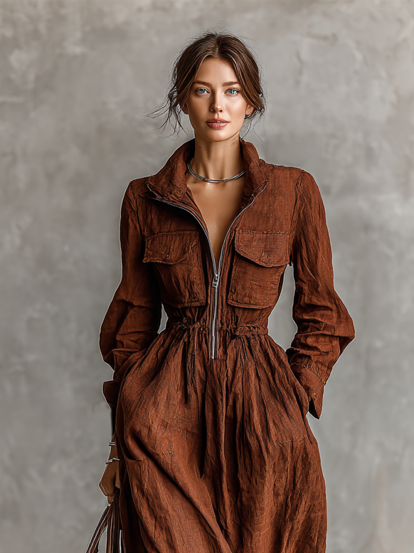 Adele dark brown cotton-linen zip-front jacket with lapel collar