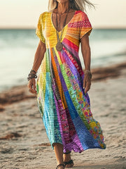 Bohemian Sun cotton-linen blend dress with sun-inspired print, shown in long and short sleeve styles