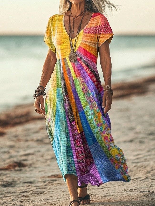 Bohemian Sun cotton-linen blend dress with sun-inspired print, shown in long and short sleeve styles