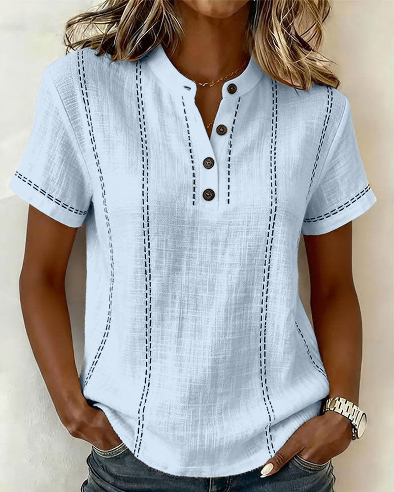 Linda casual button v-neck tee shown in white, blue and pink