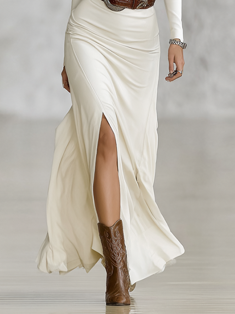 White Vera dress with lapel collar, long sleeves and waist-tie detail