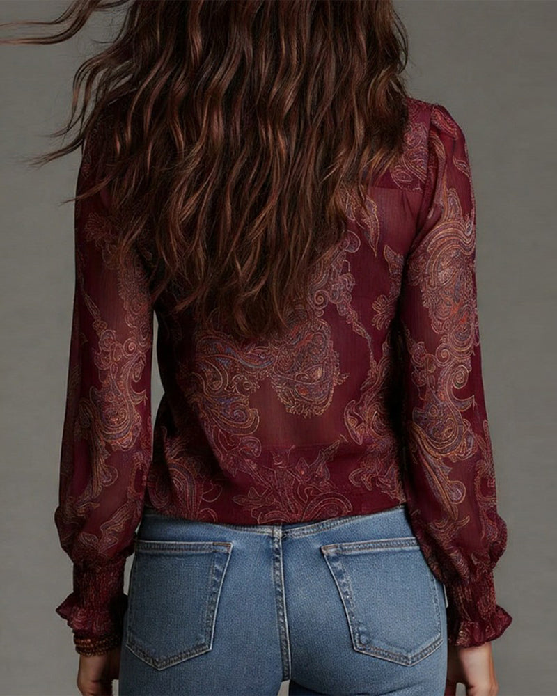 Demi zip-front ruffled retro blouse shown in navy blue, burgundy, black, green and blue
