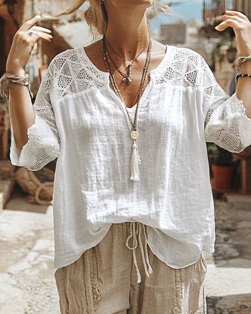 Cynthia v-neck blouse with lace detail, shown in white, blue and pink