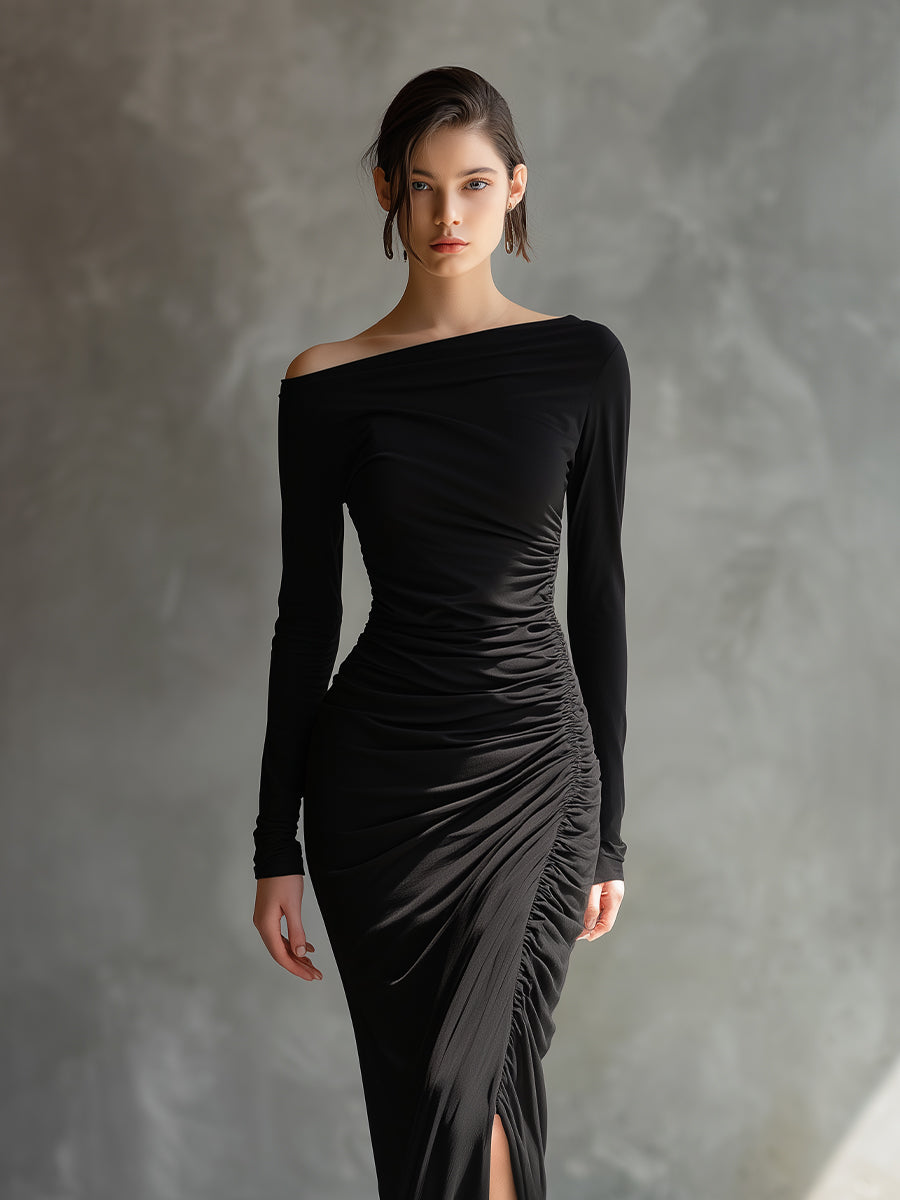 Aggie black off-shoulder jersey dress with a flattering elegant silhouette