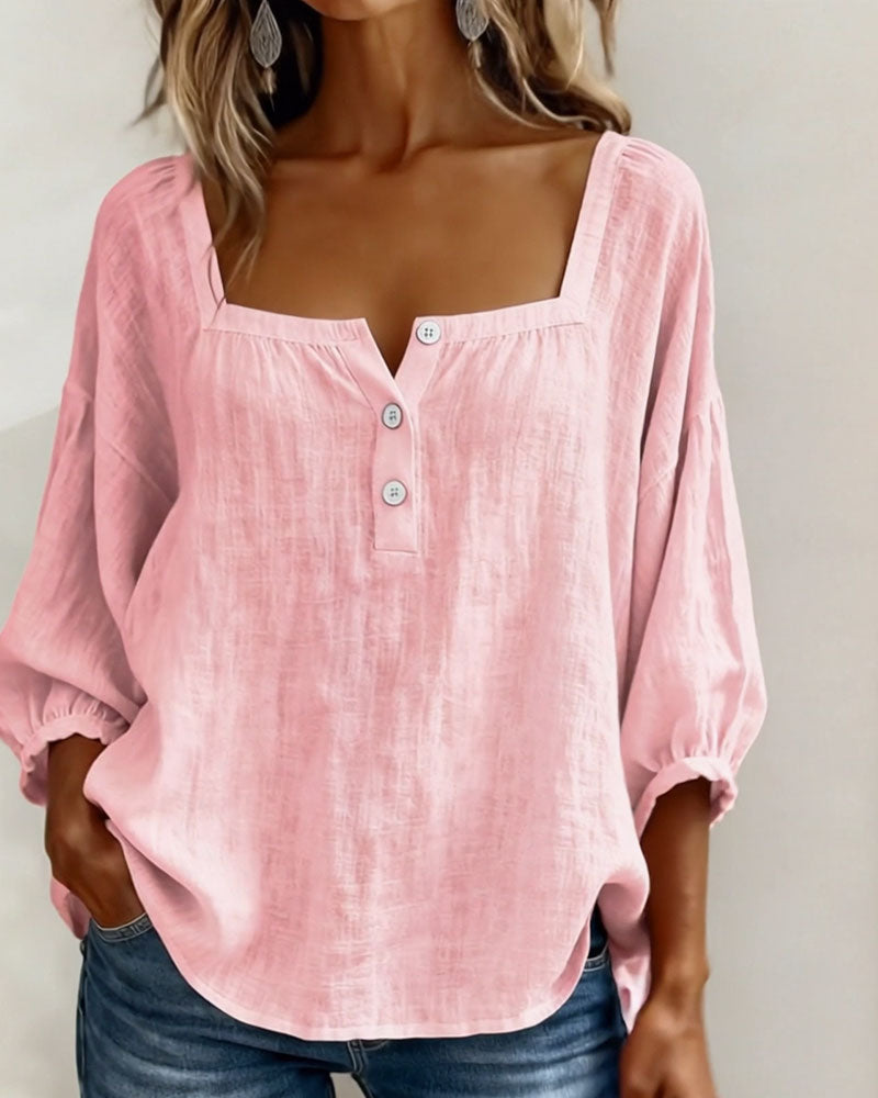Diane square neck lantern sleeve shirt shown in soft everyday colours