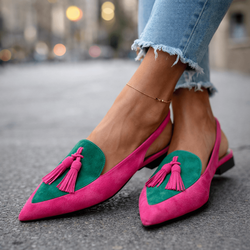 Handmade flat sandals with straps, tassels and suede-effect finish in a vibrant colour combination
