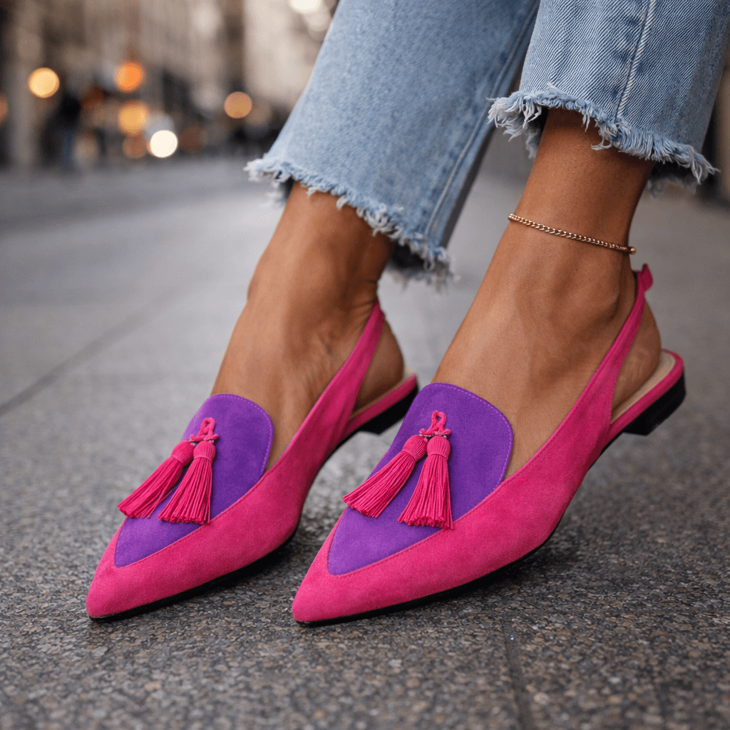 Handmade flat sandals with straps, tassels and suede-effect finish in a vibrant colour combination