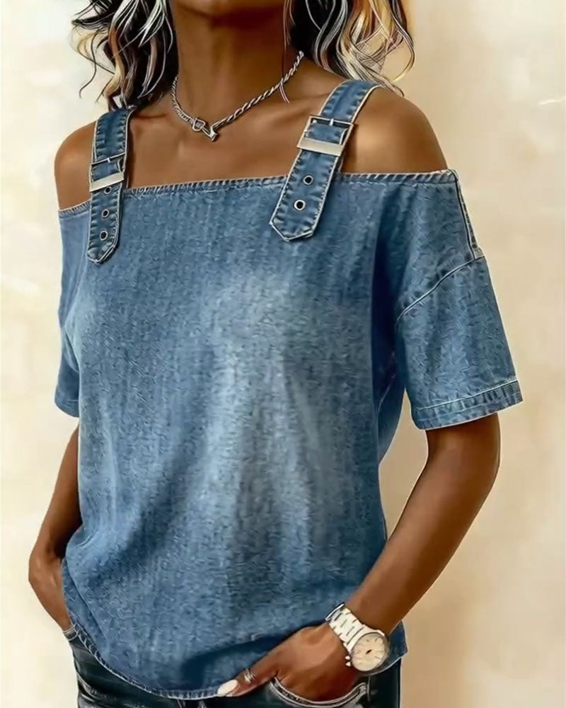 Patricia off-shoulder denim shirt in a classic wash with a relaxed fit