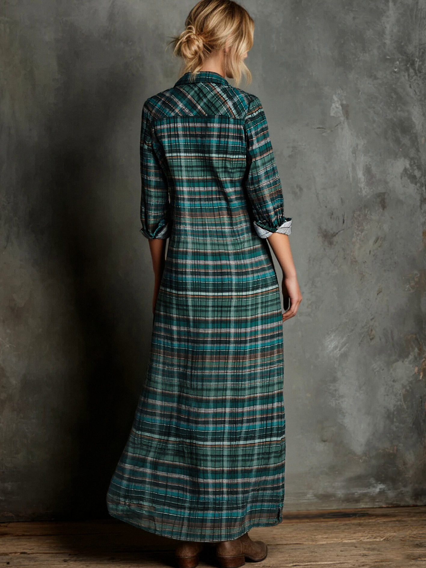 Billie green plaid print long-sleeved shirt with classic check pattern