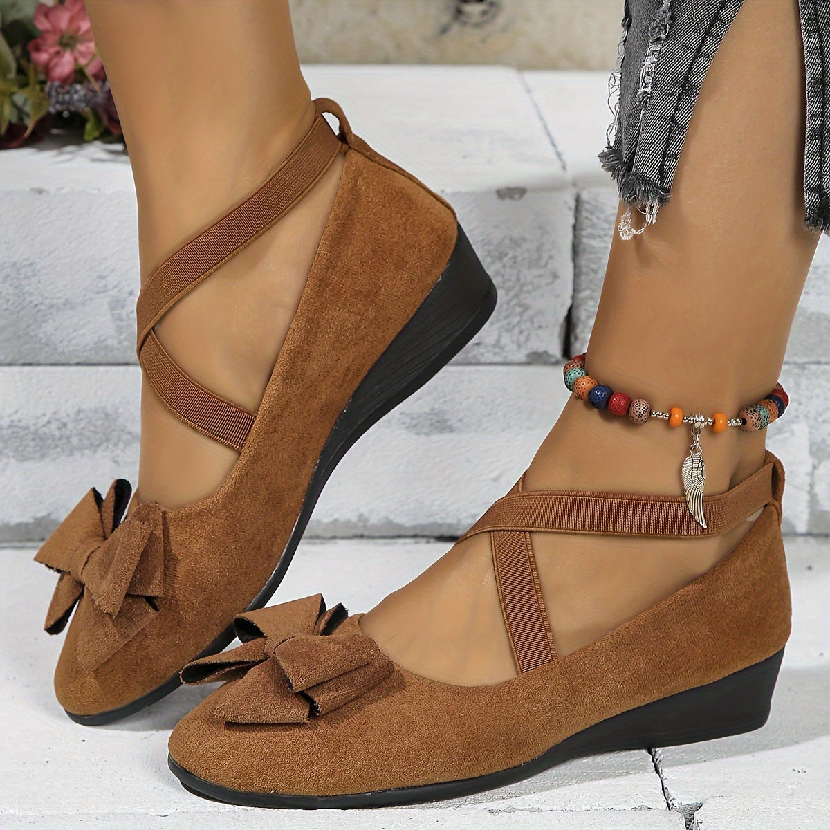 Krysa stylish wedge flats with crossed elastic bands, shown in neutral colours