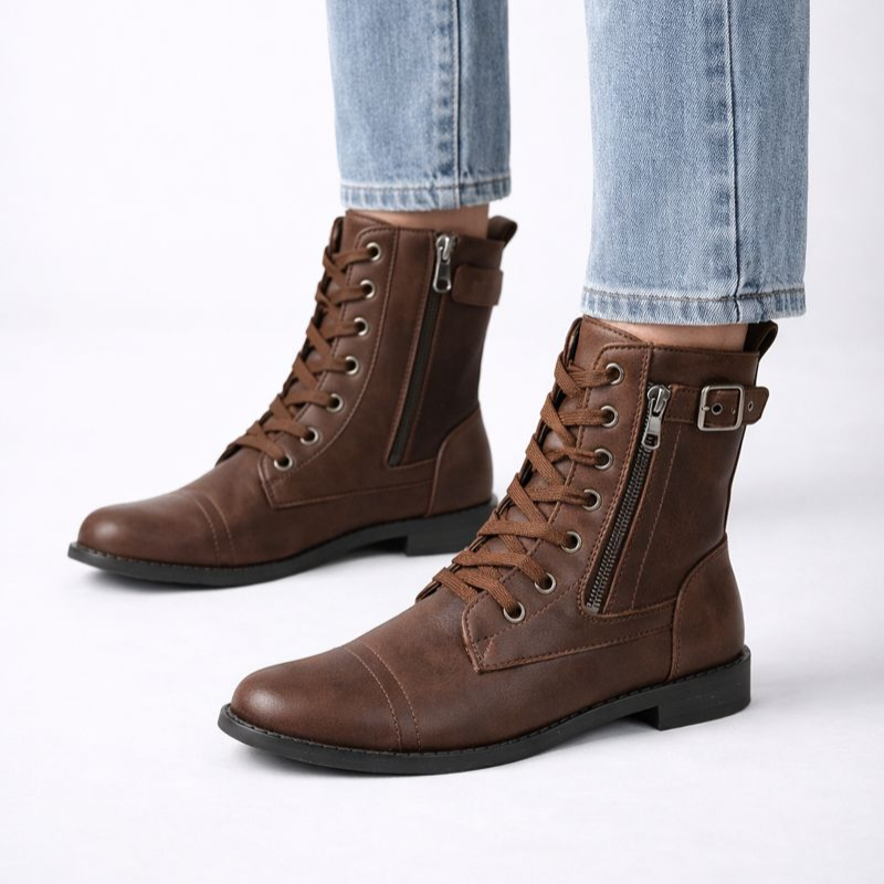 Eco-leather lace-up boots with buckle detail, side zip and a low heel