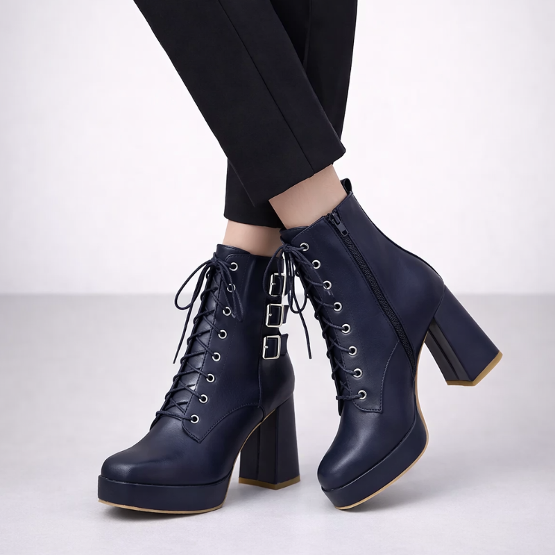 Elvira chunky heel lace-up boots in eco leather with buckle detail and side zipper